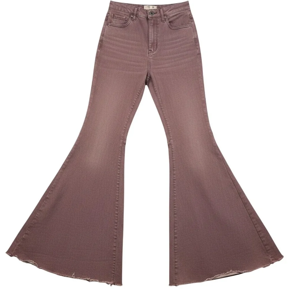 We The Free Free People Just Float On Flare Jeans Brown High Rise 31 Raw Hem